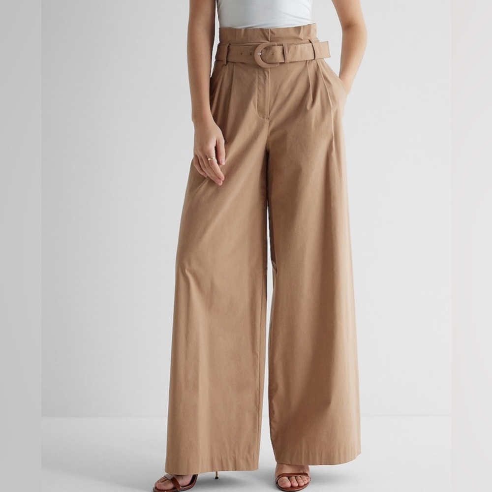 Express High Waisted Belted Paperbag Wide Leg Pant